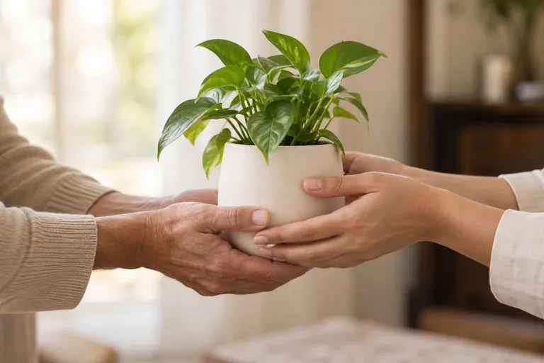 Mãos passando uma pequena planta em vaso, uma para a outra