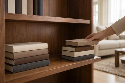 Livros separados em duas pilhas em uma estante, com uma mão organizando os volumes em uma sala de estar