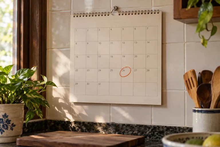 Calendário de parede com uma data circulada, em ambiente de cozinha